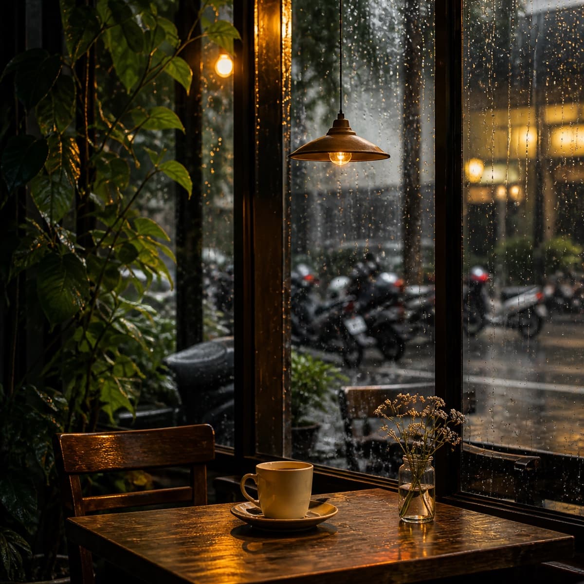 Một góc cà phê Sài Gòn bên cửa kính ngày mưa