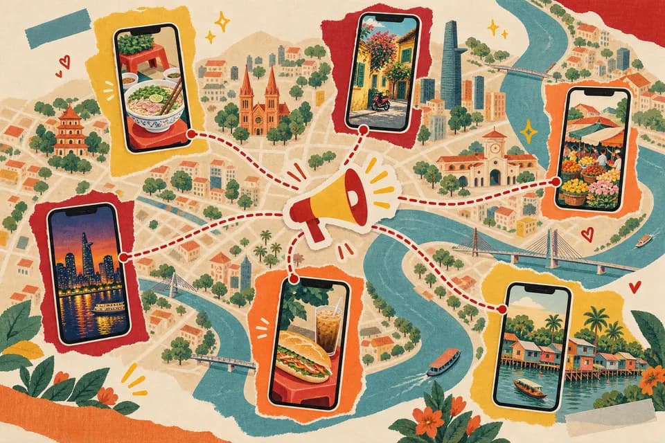 Tranh cắt giấy: bản đồ Sài Gòn với nhiều điện thoại nối với nhau quanh một chiếc loa