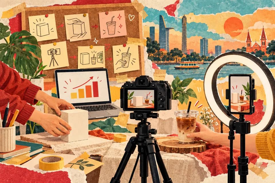 Tranh cắt giấy: góc studio với máy quay, đèn vòng, bảng kịch bản và biểu đồ tăng trưởng