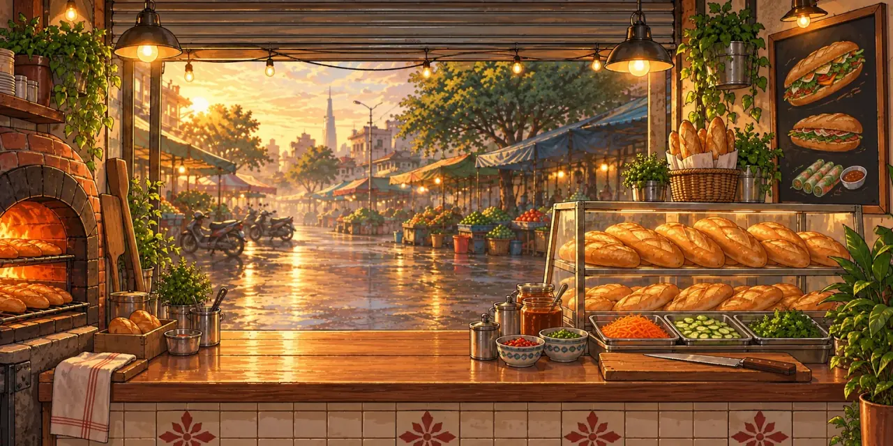 Xe bánh mì buổi sáng, ổ bánh vàng giòn và bếp than nghi ngút khói